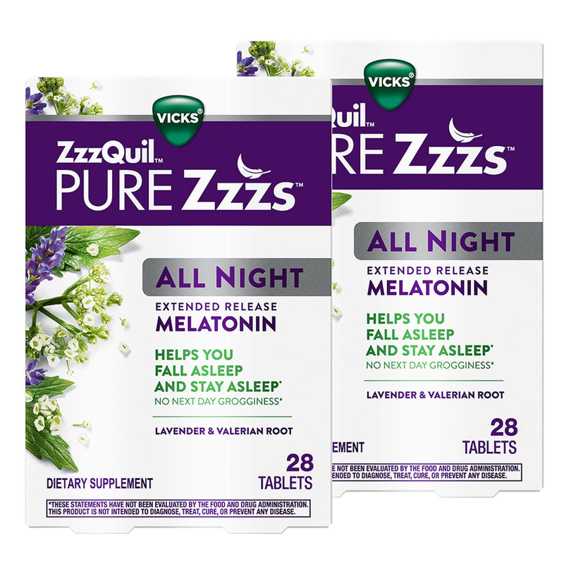 ZzzQuil PURE Zzzs, All Night Extended Release, Melatonin Sleep Aid Supplement with Lavender & Valerian Root, Sleeping Pills for Adult, Drug-Free, 28 Tablets (Pack of 2) - NewNest Australia