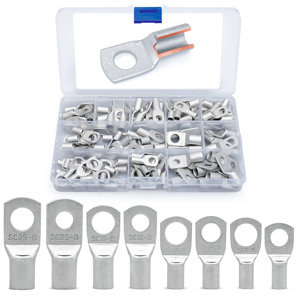 Wirefy 120 PCS Tinned Copper Wire Lugs Kit - Battery Lugs - Crimp Battery Cable Ends - Ring Terminals - 10-4 Gauge 120 PCS Kit - 10-4 AWG - NewNest Australia