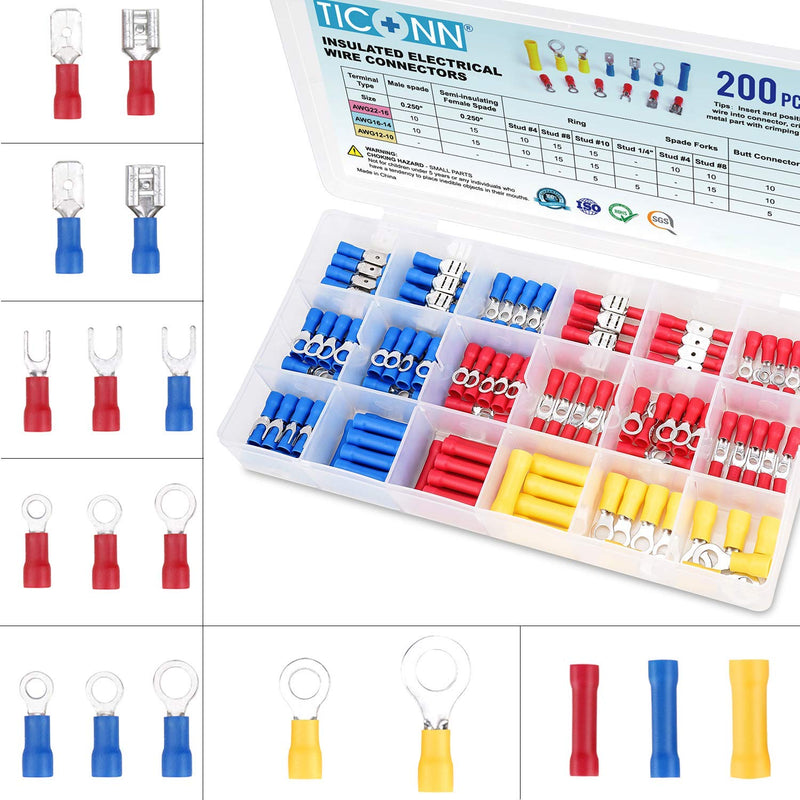 TICONN 200 Pcs Electrical Insulated Wire Connectors Kit - Spade, Ring, Butt, Quick Disconnect, Forks Connector - Crimp Cable Terminals - NewNest Australia