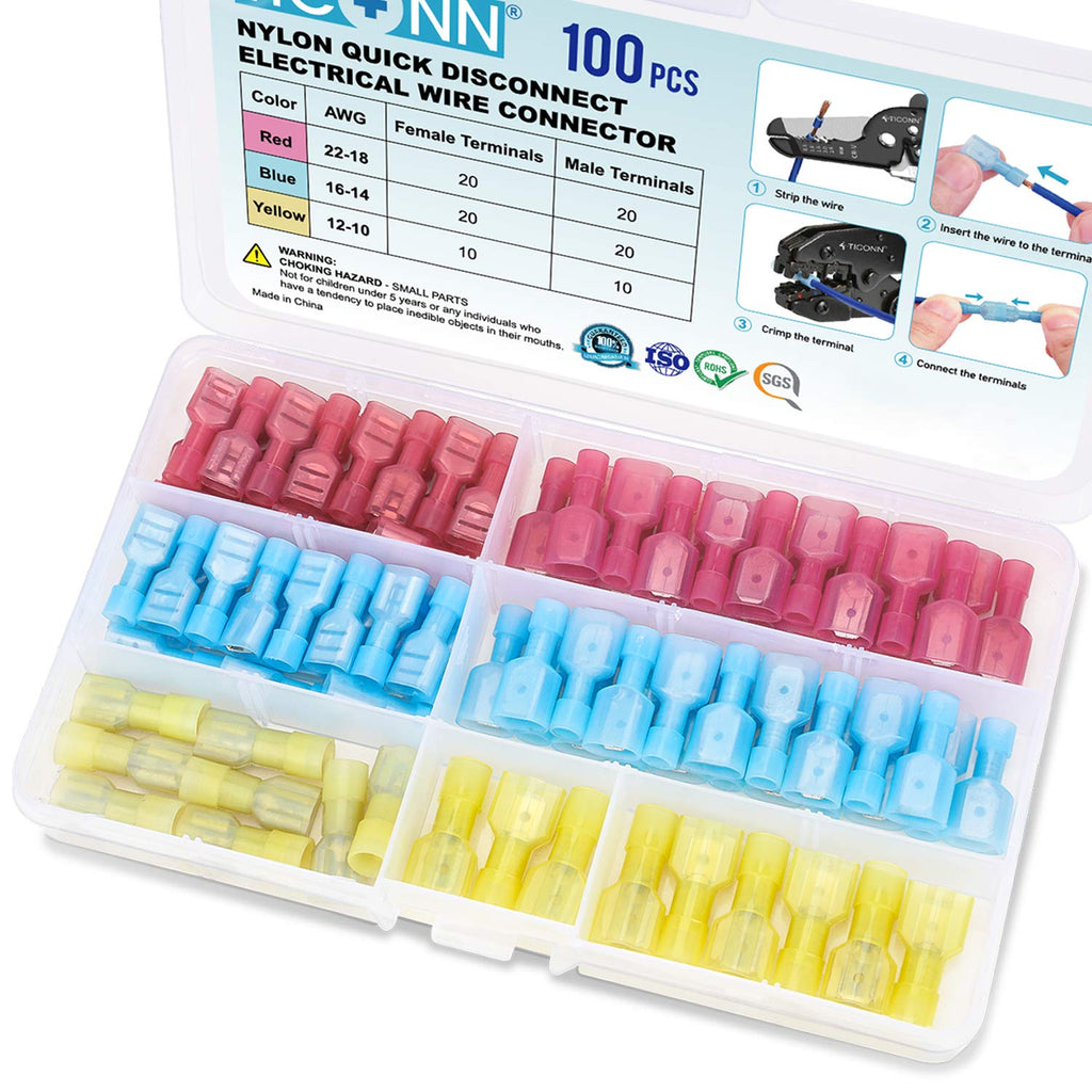 TICONN 100 Pcs Nylon Spade Quick Disconnect Connectors Kit, Electrical Insulated Terminals, Male and Female Spade Wire Crimp Terminal Assortment Kit - NewNest Australia