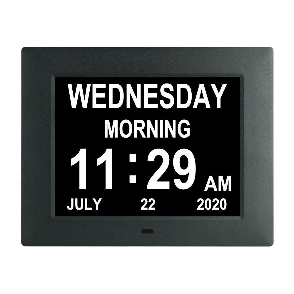 NewNest Australia - 7 Inch Extra Large Non-Abbreviated Day Date & Month Digital Day Calendar Clocks with Auto-Dimming 8 Alarm Reminders Dementia Clock for Senior Elderly impaired Vision 7005 black 