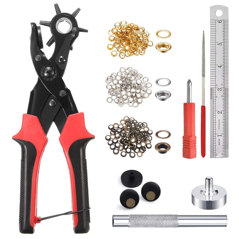 Leather Hole Punch Tool for Belt - Multi Hole Sizes Puncher for Belts, Watch Bands, Straps, Dog Collars, Saddles, Shoes, Fabric, DIY Home or Craft Projects - with 5/32" Grommet Eyelet Kit 100 Sets 02-Black/Red - NewNest Australia