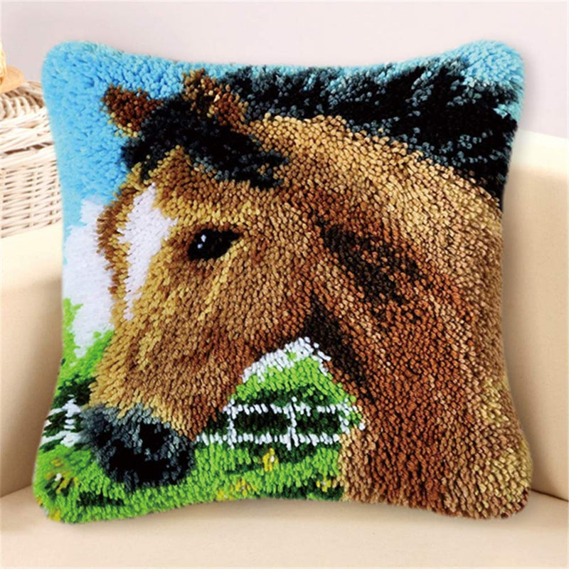 LAPATAIN Latch Hook Kits for DIY Throw Pillow Cover,Needlework Cushion Cover Hand Craft Crochet for Great Family 17X17inch(Brown Horse) Brown Horse - NewNest Australia