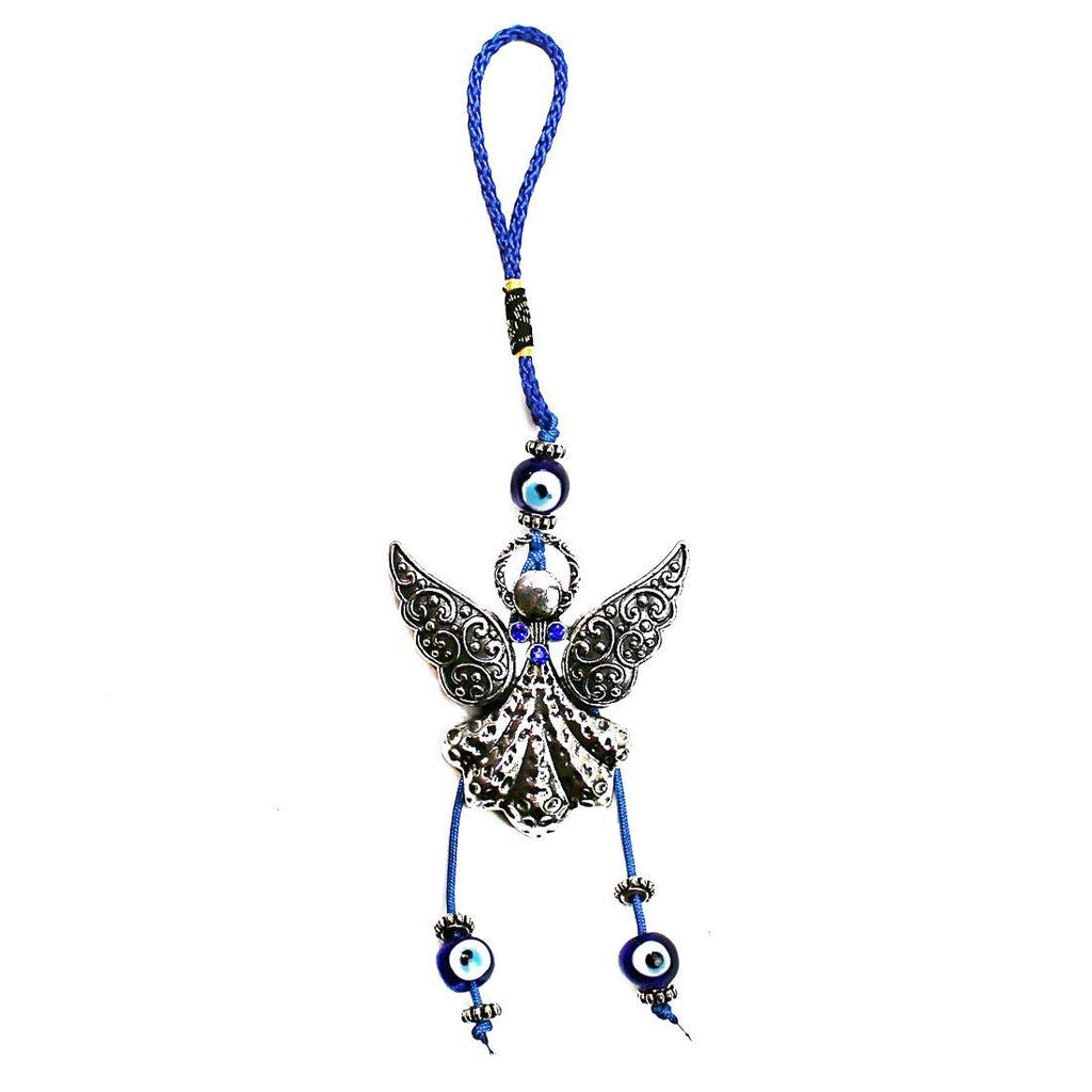 NewNest Australia - LUCKBOOSTIUM - Beautiful Silver Angel Hanging Charm with 3 Blue Evil Eye Beads, symbolizing Guardian Spirits, Luck and Protection, Ornament for Car, Home and Office, Great Gift, Silver, 3.5” x 8” 