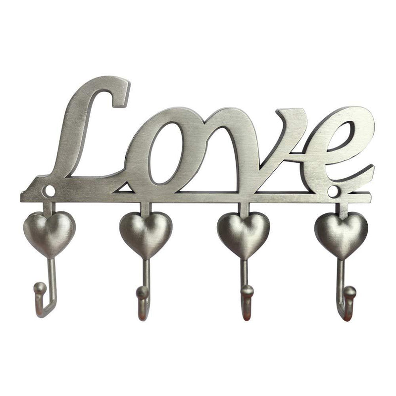 NewNest Australia - Myartte Key Holder- Key Hooks Decorative for Wall Decorative Zinc Alloy Key Organizer Rack with 4 Hooks -with Screws and Sticker (Antique Sliver Love) Antique Sliver Love 