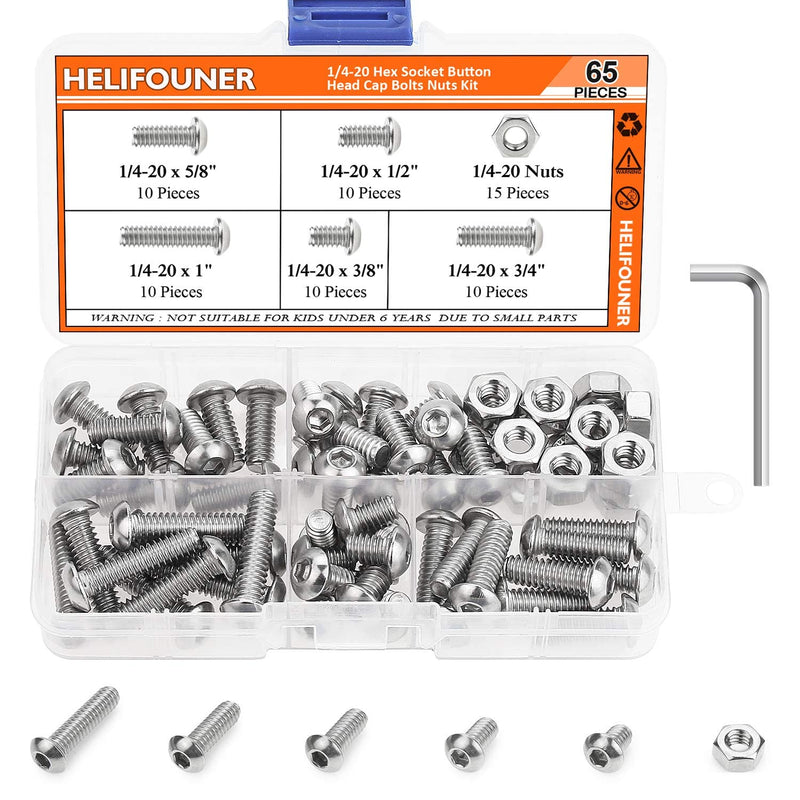 HELIFOUNER 65 Pieces 5 Sizes 304 Stainless Steel 1/4-20 x 3/8" 1/2" 5/8" 3/4" 1" UNC Thread Hex Button Head Cap Bolts Kit - NewNest Australia