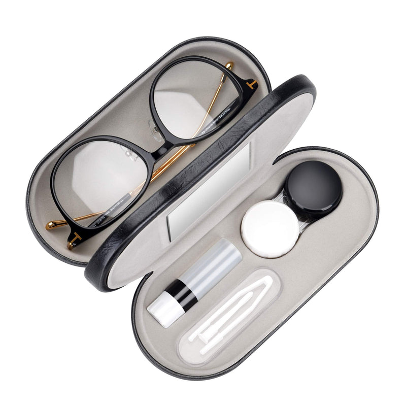 Muf 2 in 1 Double Sided Portable Contact Lens Case and Glasses Case,Dual Use Design with Built-in Mirror, Tweezer and Contact Lens Solution Bottle Included for Travel Kit Black - NewNest Australia