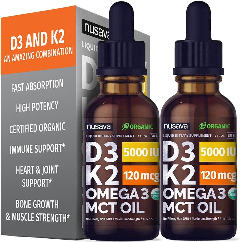 (2 Pack) Organic Vitamin D3 K2 Drops w MCT Oil Omega 3, 5000 IU, Maximum Strength Vitamin D Liquid 5000 IU, No Fillers, Non-GMO Liquid D3 for Faster Absorption & Immune Support, Unflavored, 2 Fl Oz 1 Fl Oz (Pack of 2) - NewNest Australia