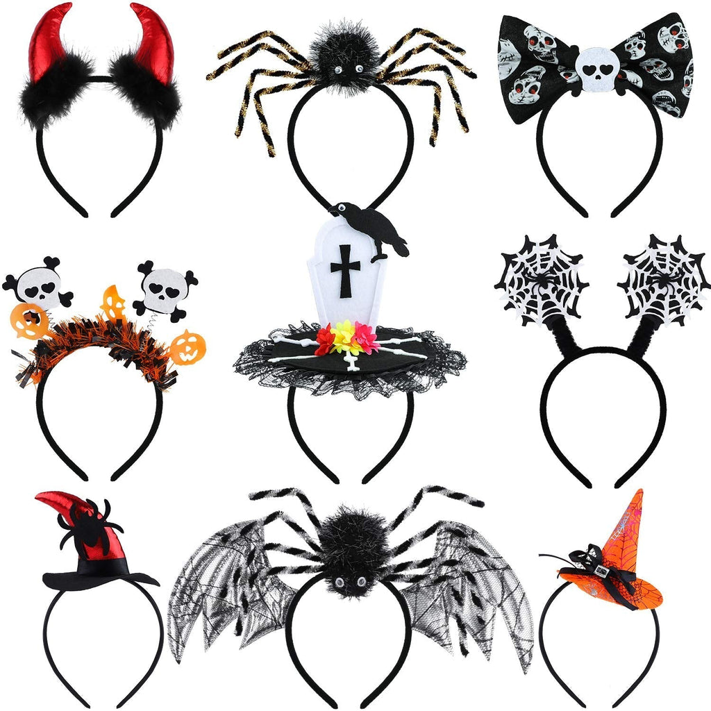 Aneco 9 Pack Halloween Costume Headbands Assorted Halloween Element Headbands Witch Spider Tombstone Skull Costume Headwear for Halloween Party Decoration - NewNest Australia