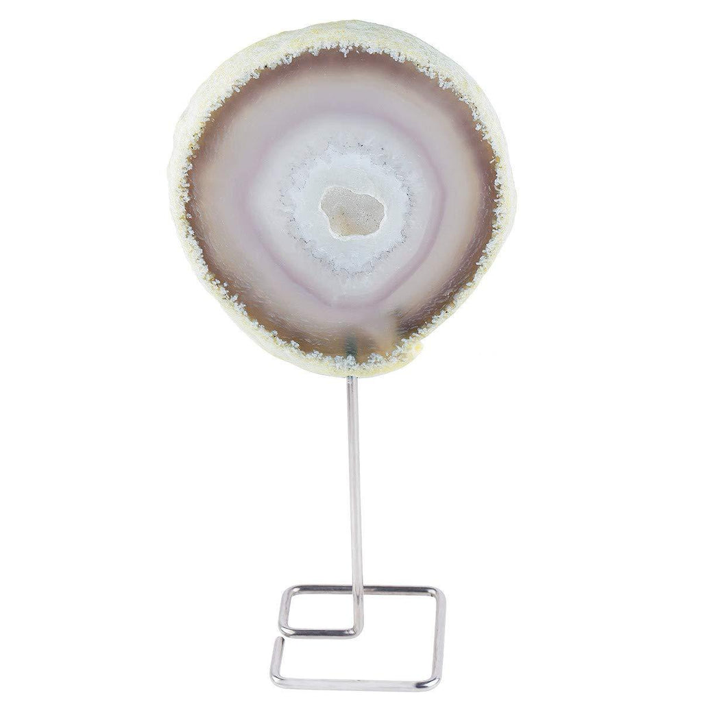 NewNest Australia - rockcloud Natural Agate Slice Display Desk Ornament with Metal Stand Healing Stone Home Office Decoration Brown 