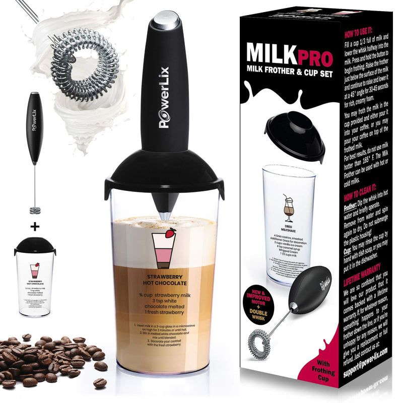 NewNest Australia - PowerLix Milk Frother Handheld Battery Operated Electric Foam Maker For Coffee, Latte, Frappe, Matcha, Drink Mixer With Stainless Steel Double Whisk, Mini Hand Held Machine, Foamer Cup Included (Coffee Recipes) Coffee Recipes 