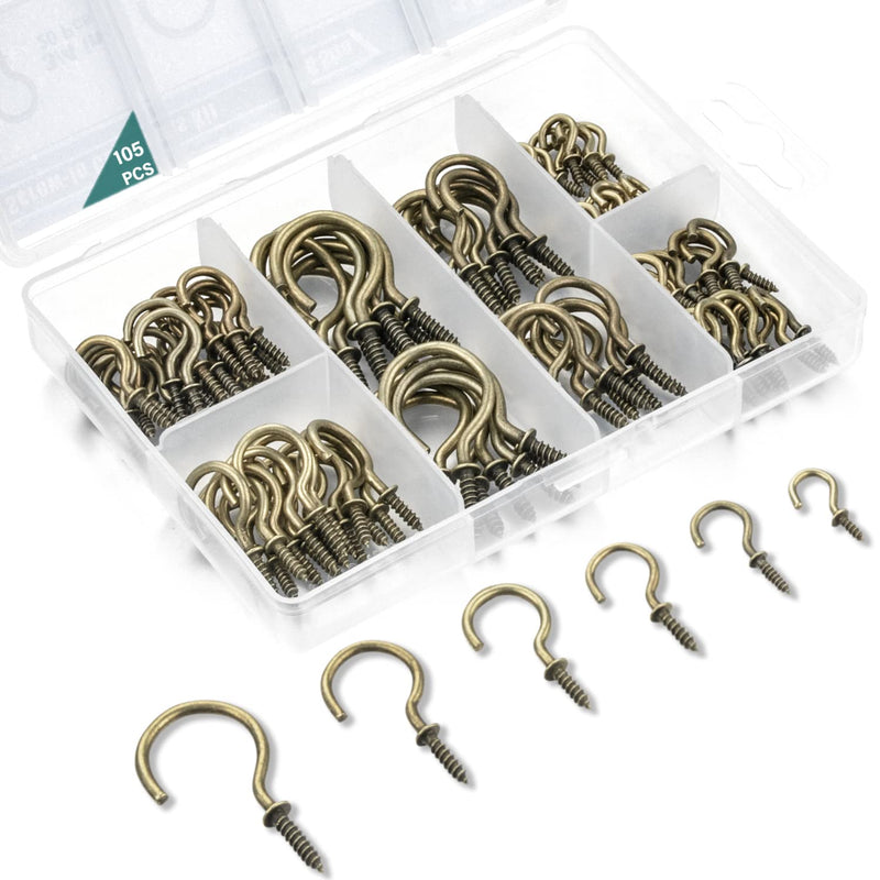 Bronze Screw-in Cup Hooks Kit, 105 Pcs Ceiling Hooks in 6 Size for Hanging-(1/2", 5/8", 3/4", 7/8", 1'', 1-1/4") - NewNest Australia