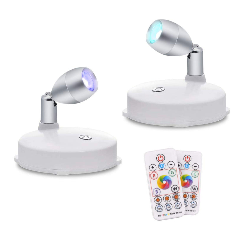 RGB Wireless LED Spotlight, Battery Operated Accent Lights, Indoor Mini Puck Light, Dimmable Uplight with Remote, 4000K Warm White, Stick on Anywhere Wall Light with Rotatable Head, Silver, 2 Pack - NewNest Australia