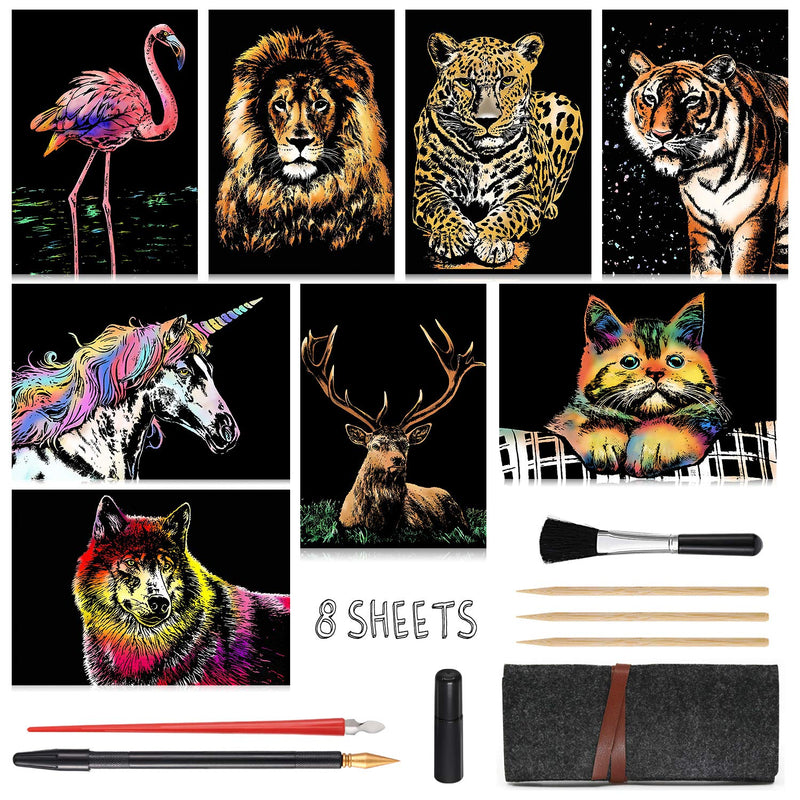 Scratch Art Paper(A4) for Kids & Adults, Rainbow Painting Night View Scratchboard, Art Craft, Crafts Set: 8 Sheets Scratch - Unicorn/Flamingo/Cat/Deer/Tiger/Leopard/Lion/Wolf & 6 Tools (Animal World) Animal World - NewNest Australia