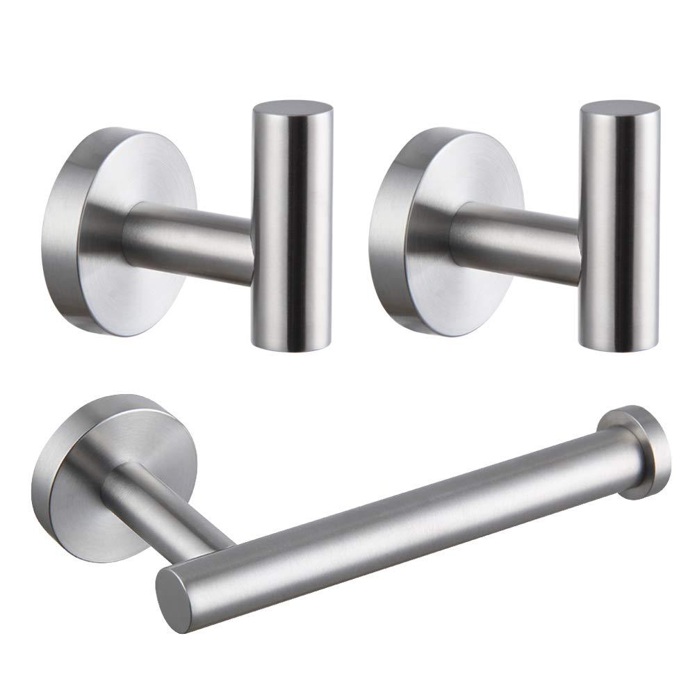 3-Pieces Bathroom Accessories Kit Bathroom Hardware Set Brushed Stainless Steel Wall Mounted - Includes Toilet Paper Holder, 2x Robe Towel Hooks - NewNest Australia