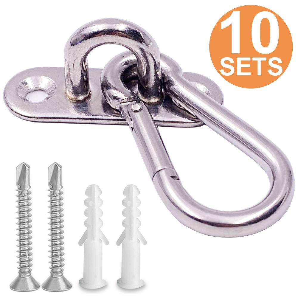 NewNest Australia - VANFLY 10 Pcs Stainless Steel 1.8 inch Pad Eye Plate U Hooks + 10pcs Stainless Steel Snap Hook, Marine Hardware Staple Hook Loop with Screws, Plastic Expansion Pipe 