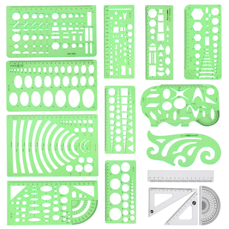 Geometric Drawings Templates Measuring Geometry Rulers 15 Pcs with 1 Pack File Bag for Design School Studying Office Building - NewNest Australia