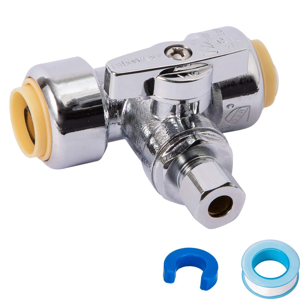 SUNGATOR Service Tee Stop Valve, 1/2" Ptc x 1/2" Ptc x 1/4" Compression, 1/4 Turn Push Fit Water Valve Shut Off Fitting with Disconnect Clip & Tape, Push-to-Connect, PEX, Copper, CPVC, Lead Free Brass - NewNest Australia