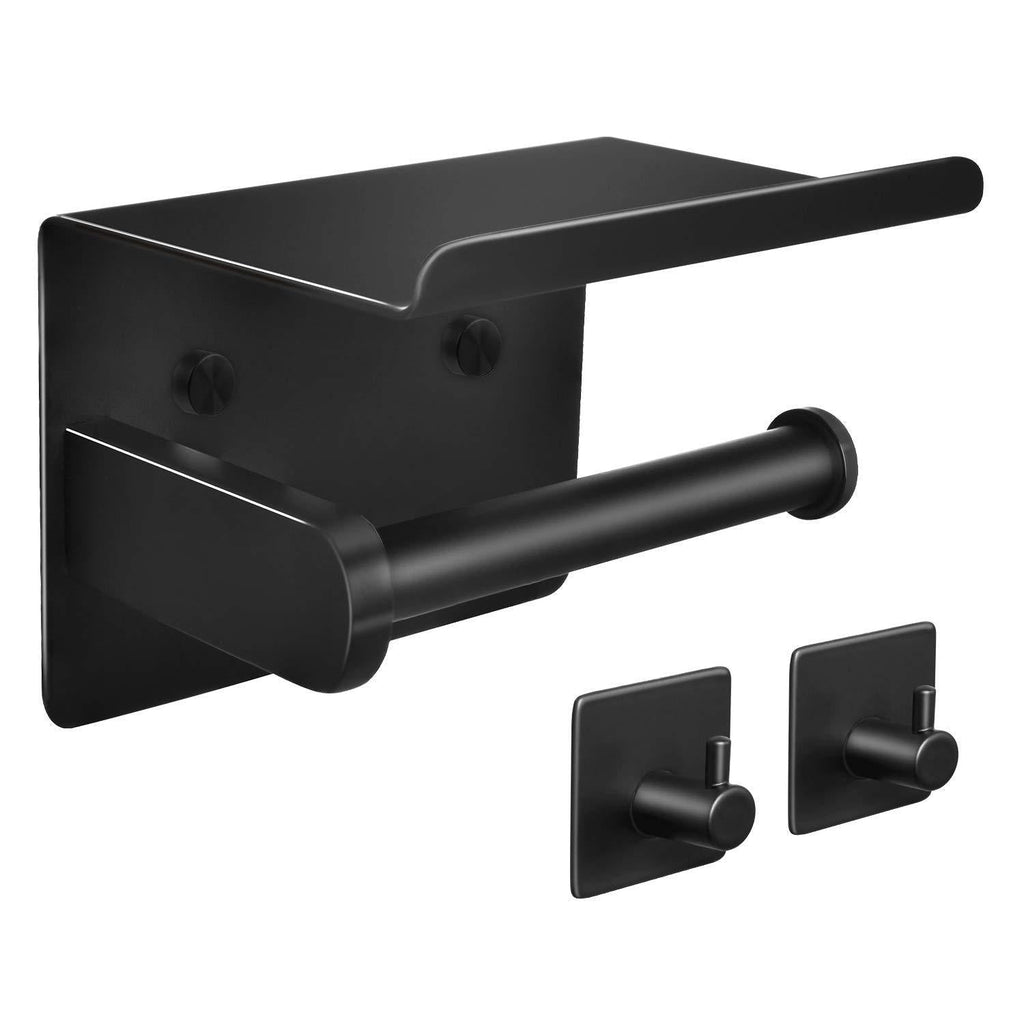 Tindbea Toilet Paper Holder with Shelf + Towel Robe Hooks, Adhesive or Screw Wall Mounted Toilet Paper Roll Holder, Stainless Steel Bathroom Hardware Set (Matte Black) Regular Matte Black - NewNest Australia