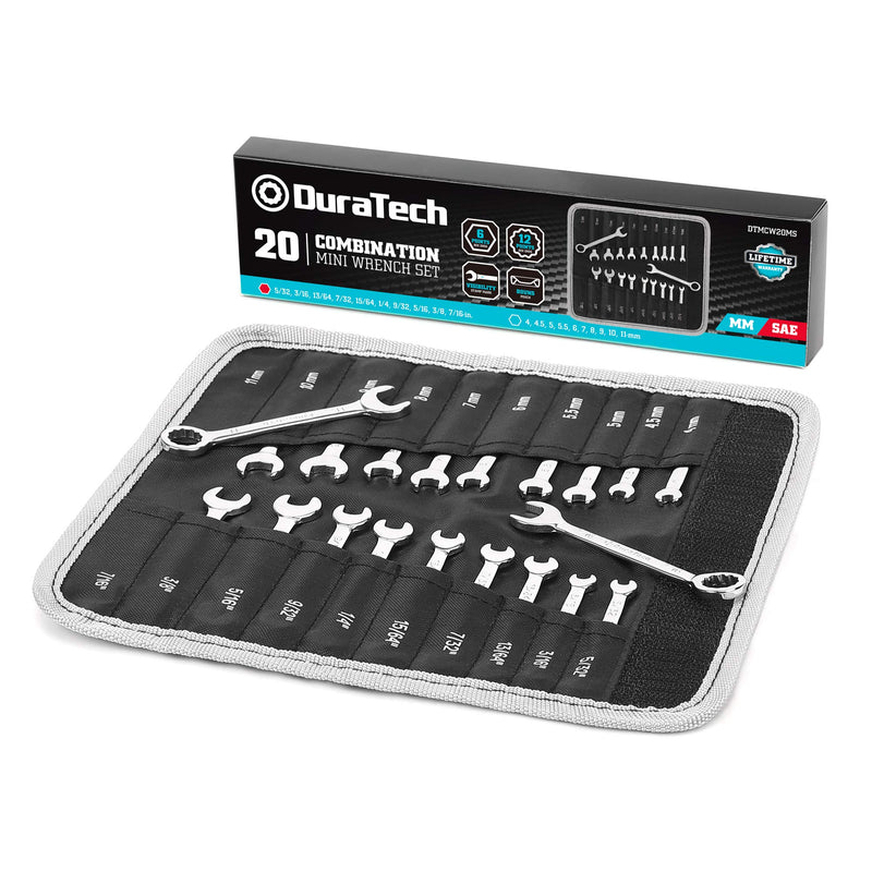 DURATECH Midget Wrench Set, Mini Combination Wrench Set, Metric & SAE, 20-Piece, 4-11mm & 5/32'' to 7/16'', Lightweight, with Rolling Pouch - NewNest Australia