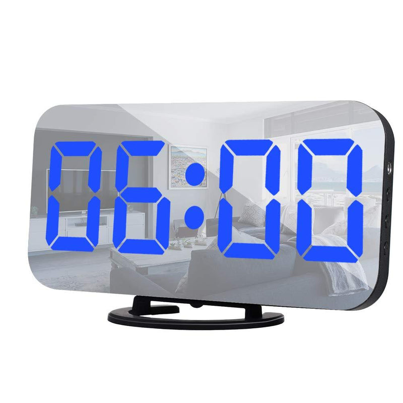 NewNest Australia - YGON Digital Alarm Clock, LED Mirror Alarm Clocks, 6.5 Inch Large Display Electronic Clock with Snooze, 12/24H Display, Dual USB Charging Ports, 3 Adjustable Brightness for Bedroom Home Office -Blue Blue 