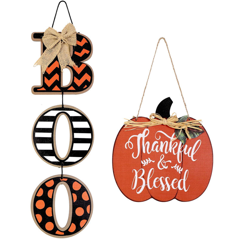 Halloween Boo Sign for Front Door Fall Door Decoration Thanksgiving Wood Pumpkin Thankful and Blessed Sign Halloween Welcome Wooden Door Hangers Harvest Fall Hanging Wall Door Decoration - NewNest Australia