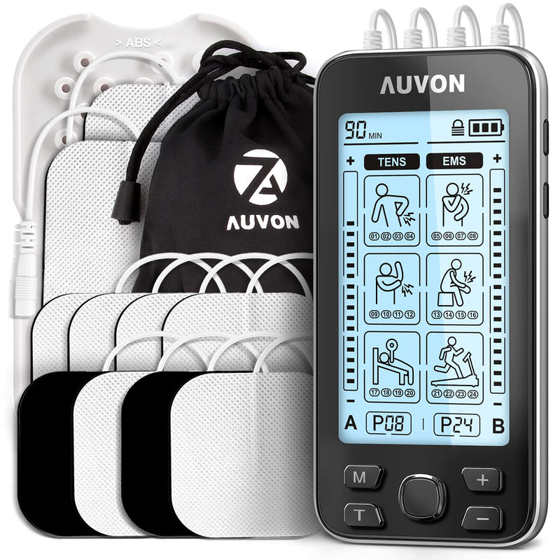 AUVON 4 Outputs TENS Unit EMS Muscle Stimulator Machine for Pain Relief Therapy with 24 Modes Electric Pulse Massager, 2" and 2"x4" Electrodes Pads (Black) A-black - NewNest Australia