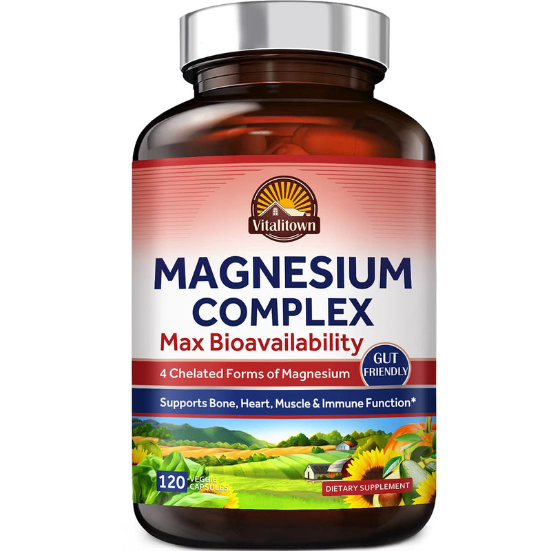 Vitalitown Magnesium Complex, Magnesium Glycinate, Malate, Taurate & Citrate, Chelated Forms, High Absorption, Bone, Heart, Muscle, Immune, Brain, Heart, Energy, Sleep & Digestion, Non-GMO - NewNest Australia