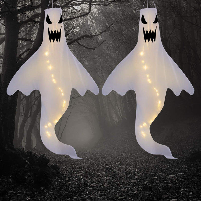 2 Pack Halloween Ghost Shape Windsock Flag with Warm White LED Lights, Halloween Outdoor Hanging Decor for Yard Garden Patio Pathway Party Decoration - NewNest Australia