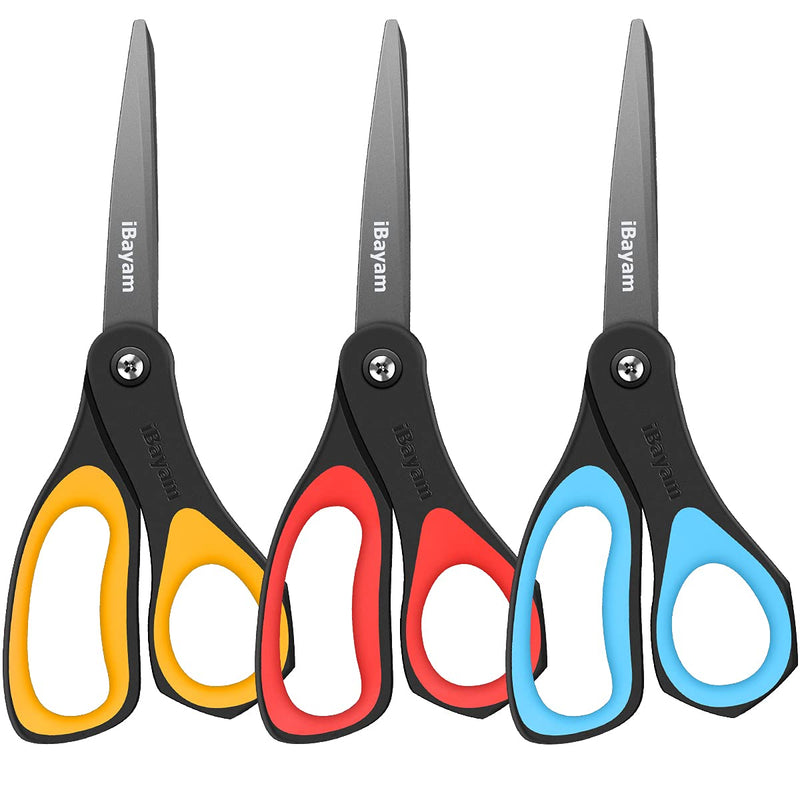 Scissors, iBayam 3 Pack 8" All-Purpose Titanium Non-Stick Scissor, Comfort Grip Sharp Nonstick Scissors for Office School Home General Use Art Craft Classroom DIY Supplies Cutting Tape Adhesive Vinyl Blue, Red, Yellow - NewNest Australia