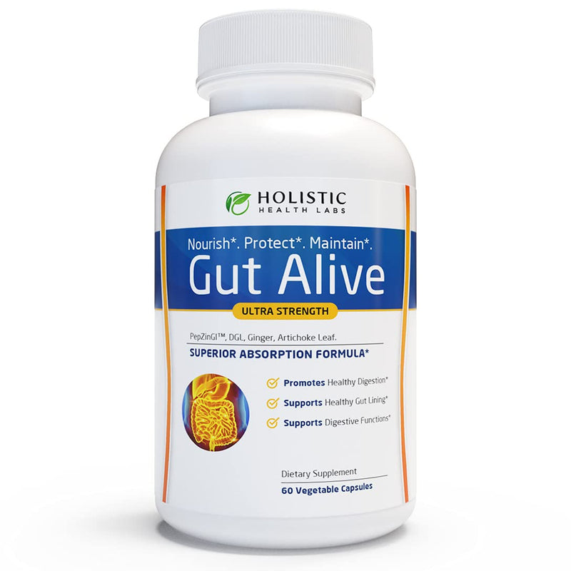 Holistic Health Labs Gut Alive - For Leaky Gut with Zinc Carnosine, Ginger Root, Artichoke Leaf Extract & Licorice (DGL). Supports IBS, Heartburn, Bloating, Gas, Constipation. 60 Capsules. - NewNest Australia