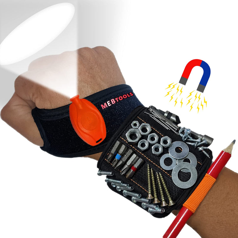 Magnetic Wristband with Flashlight and Tape Measure – Screw, Drill Bit, and Nail Holder with 20 Strong Magnet Pieces Increases Convenience for DIY, Carpenters, Mechanics, and More by MEBTOOLS Adjustable Black - NewNest Australia
