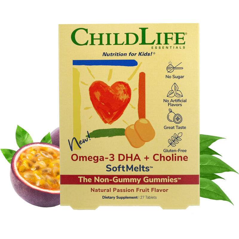 ChildLife Essentials Omega-3 DHA + Choline SoftMelts - All-Natural Support for Optimal Brain & Nervous System Development & Function in Children & Teens, Sugar-Free - Passion Fruit Flavor, 27 Tablets - NewNest Australia