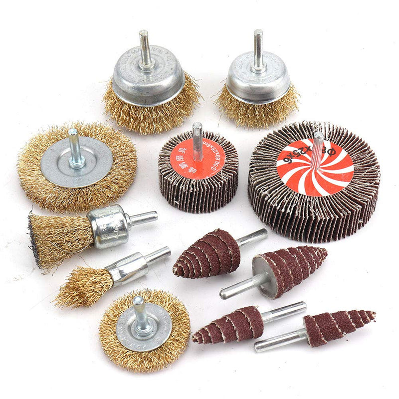 Kuofu 12Pcs Rotary Wire Wheel Brush Crimped Cup Brush and End Brush Mounted Flap Wheel Kit for Drill with 1/4in Shank to Cleaning or Deburring with Less Scrach - NewNest Australia