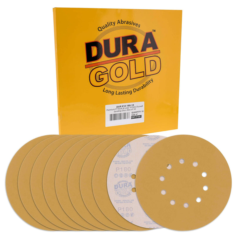 Dura-Gold Premium 9" Drywall Sanding Discs - 180 Grit (Box of 10) - 10 Hole Pattern Sandpaper Discs with Hook & Loop Backing, Fast Cutting Aluminum Oxide Abrasive - For Drywall Power Sander, Sand Wood 180-Grit - NewNest Australia