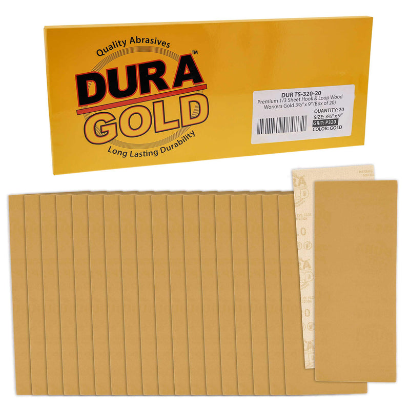 Dura-Gold Premium Sandpaper - 320 Grit - 1/3 Sheet Size Wood Workers Gold, 3-2/3" x 9" with Hook & Loop Backing - Box of 20 Sheets - Hand Sand, Block Sanding, Use Jitterbug Sander - Woodworking, Auto 320-Grit - NewNest Australia