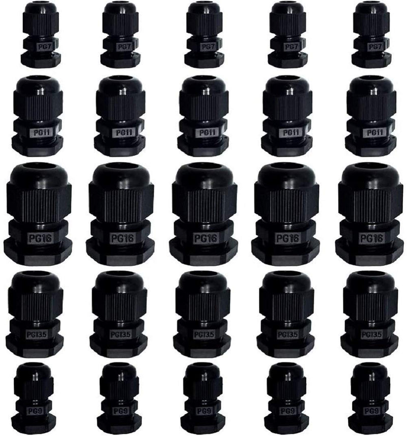 Cable Glands - 25 Pack Plastic Waterproof 3.5-13mm Nylon Cable Glands Joints Wire Protectors, PG 7/9/11/13.5/16, for Home/Garden/Outdoor Lighting Cable Black - NewNest Australia