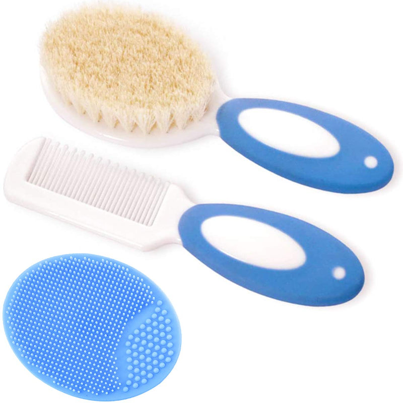 Baby Hair Brush and Comb Set for Newborns & Toddlers | Natural Soft Goat Bristles | Ideal for Cradle Cap | Perfect Baby Registry Gift (Blue) Blue - NewNest Australia