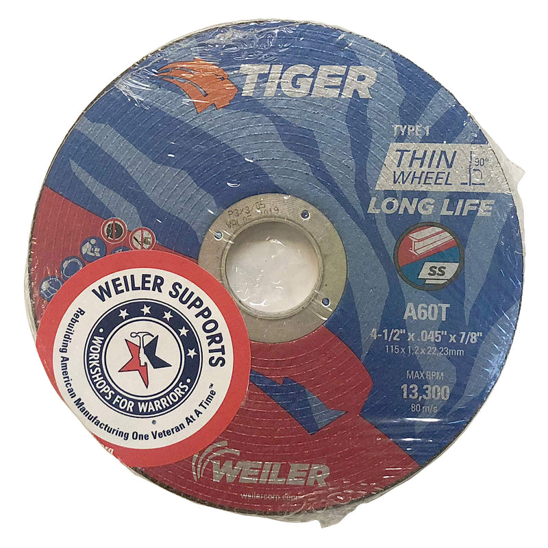 Weiler 57098 Tiger 4-1/2" Aluminum Oxide Type 1 Thin Cut Off Wheel, 0.045" Thick, A60T, 7/8" A.H. (Pack of 5 of Weiler #57020) Pack of 5 - 0.045" Thick Type 1 7/8" Arbor - NewNest Australia