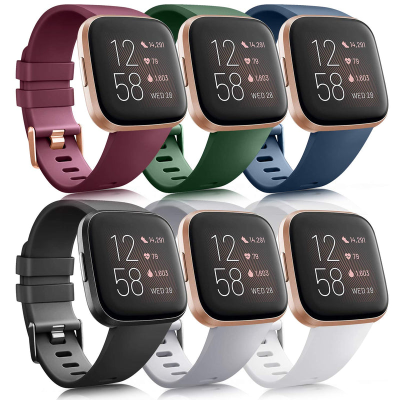 6 Pack Sport Bands Compatible with Fitbit Versa 2 / Fitbit Versa/Versa Lite/Versa SE, Classic Soft Silicone Replacement Wristbands for Fitbit Versa Smart Watch Women Men (6 Pack D, Small) Wine red/Olive Green/Blue/Black/Gray/White - NewNest Australia