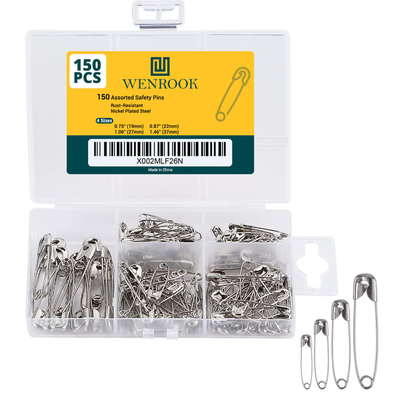 Wenrook Safety Pins Assorted 4-Size Pack of 150 - Strong Nickel Plated Steel, Rust Resistant, Heavy Duty Variety Pack, Perfect for Clothes, Crafts, Sewing, Pinning and More Pack of 150 - (37mm/27mm/22mm/19mm) - NewNest Australia