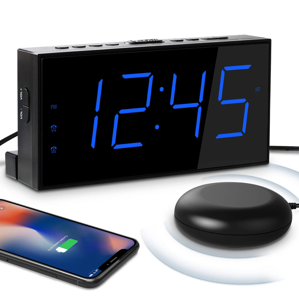 Loud Alarm Clock for Heavy Sleepers,Vibrating Alarm Clock for Hearing Impaired Deaf,Annoying Alarm Clock,USB Port,Dual Alarm with Snooze,7" Large Dimmable LED Display,Battery Backup,Easy to Use,DST Blue - NewNest Australia