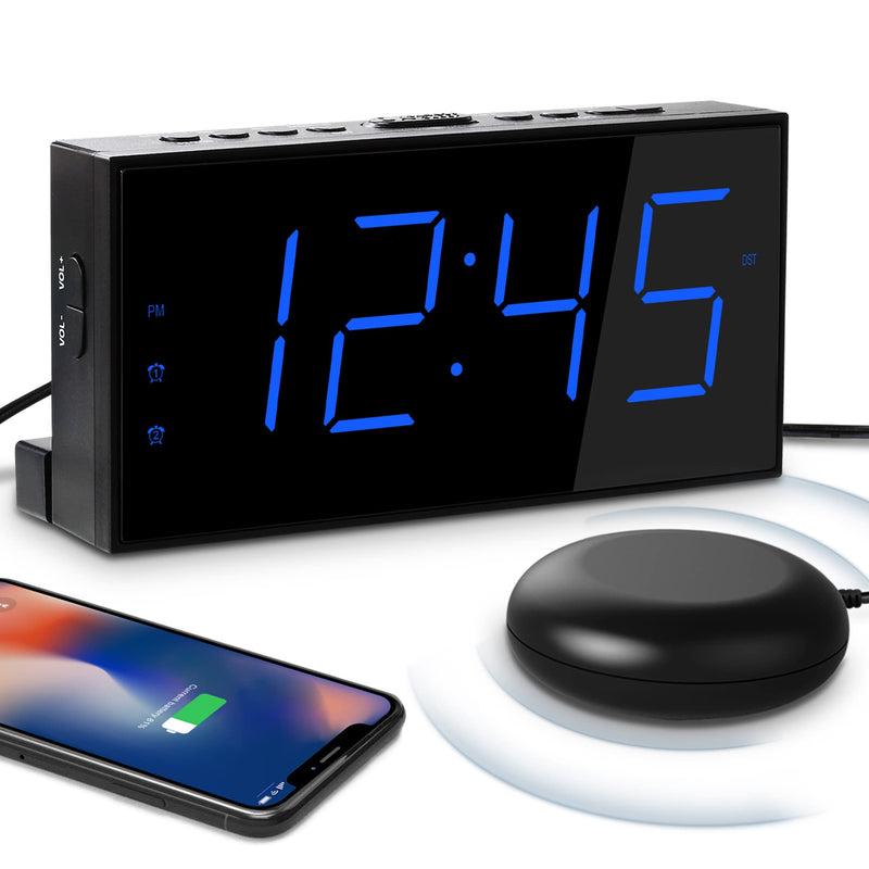 Loud Alarm Clock for Heavy Sleepers,Vibrating Alarm Clock for Hearing Impaired Deaf,Annoying Alarm Clock,USB Port,Dual Alarm with Snooze,7" Large Dimmable LED Display,Battery Backup,Easy to Use,DST Blue - NewNest Australia