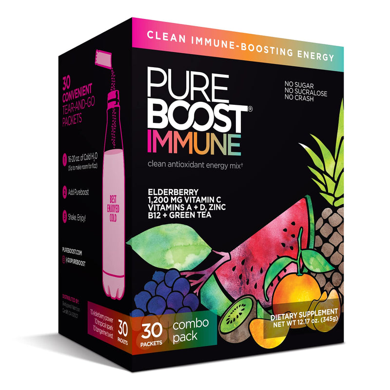 Pureboost Immune Clean Energy Drink Mix: Immunity Supplement with Elderberry, 1200 mg Vitamin C, Vitamins A + D, Zinc, 28 Vitamins, Minerals and Supernutrients (Combo, 30 Count) Combo - NewNest Australia