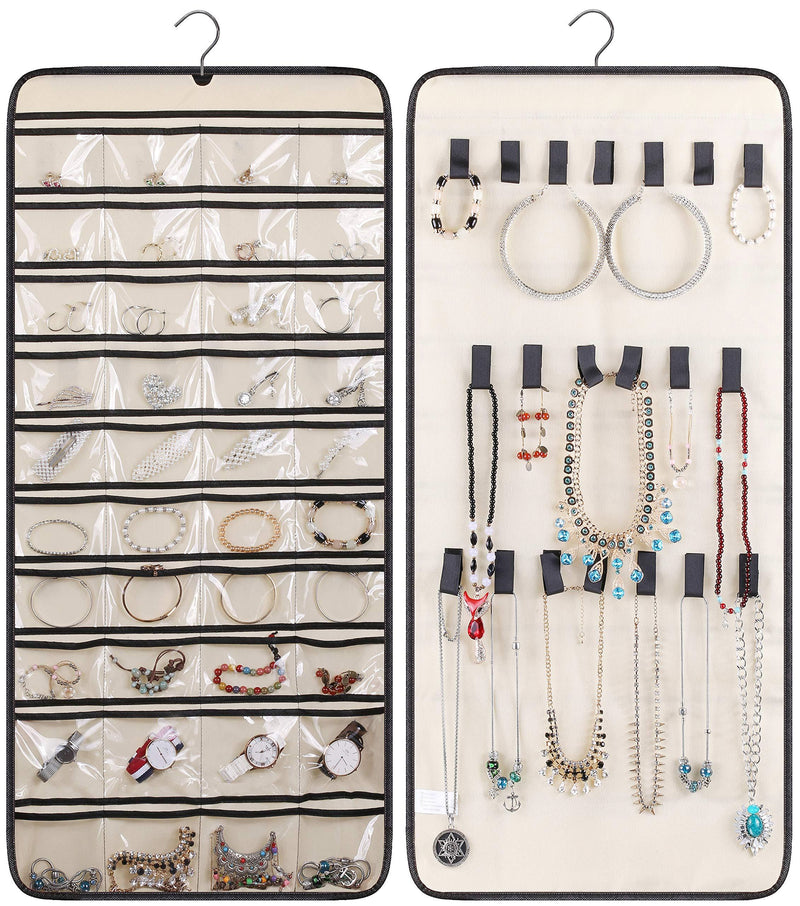 NewNest Australia - MISSLO Dual-sided Hanging Jewelry Organizer with 40 Pockets and 20 Hook & Loops Closet Necklace Holder for Earring Bracelet Ring Chain with Rotating Hanger, Beige 
