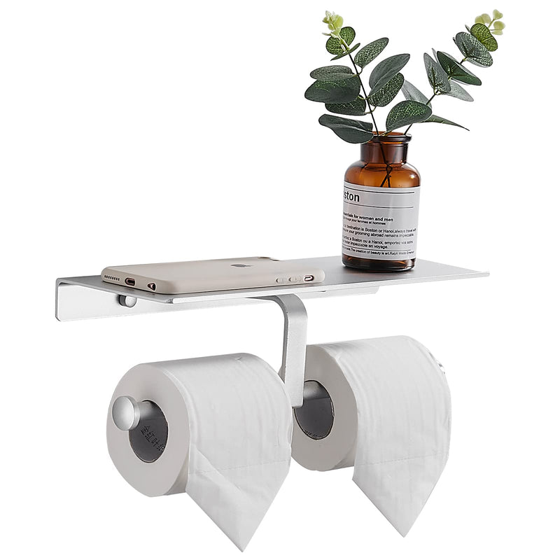 Double Roll Toilet Paper Holder with Shelf/ Commercial Bathroom Tissue Dispenser, Self Adhesive with Glue or Wall Mounted, Aluminum (Matte Silver) Matte Silver - NewNest Australia