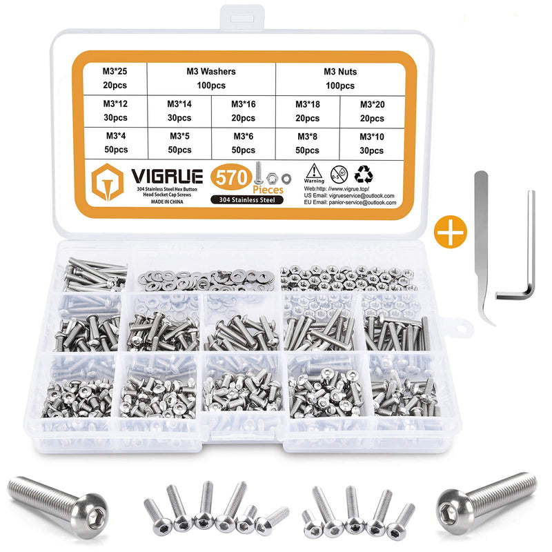 VIGRUE 570PCS Stainless Steel M3 Button Head Hex Socket Cap Screw Bolts, M3 x 4/5/6/8/10/12/14/16/18/20/25mm Screw and Nuts Flat Washer Assortment Kit, Fully Machine Thread - NewNest Australia