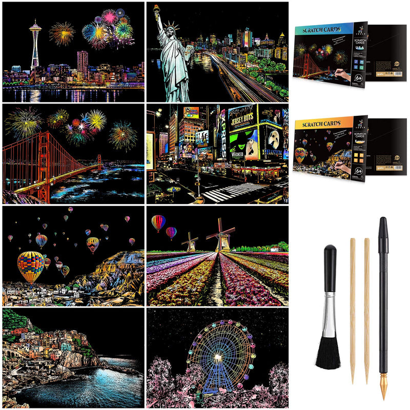 Scratch Art for Teens & Adults, Rainbow Engraving Painting Landscape Scratchboard(A4) Crafts Set: 8 Sheets with 4 Tools - New York, Statue of Liberty, Golden Gate Bridge, Manarola (America/Europe) America / Europe - NewNest Australia