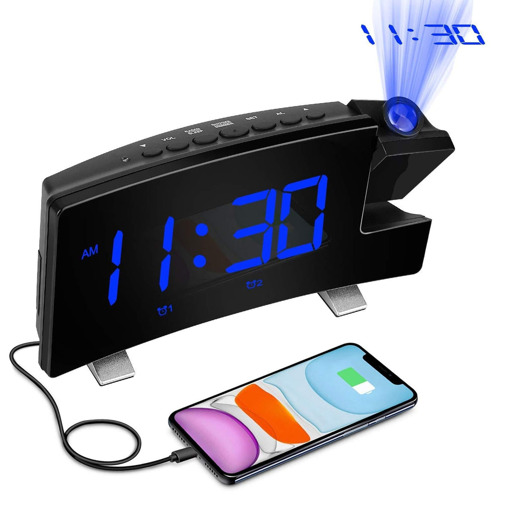 NewNest Australia - Digital Projection Alarm Clock Large 8” LED Curved Screen Display with USB Charger and Loud Dual Alarms for Bedroom, Plug-in 180° Projector 12/24 H Wall Ceiling Clock for Heavy Sleeper Kid Elderly Blue 