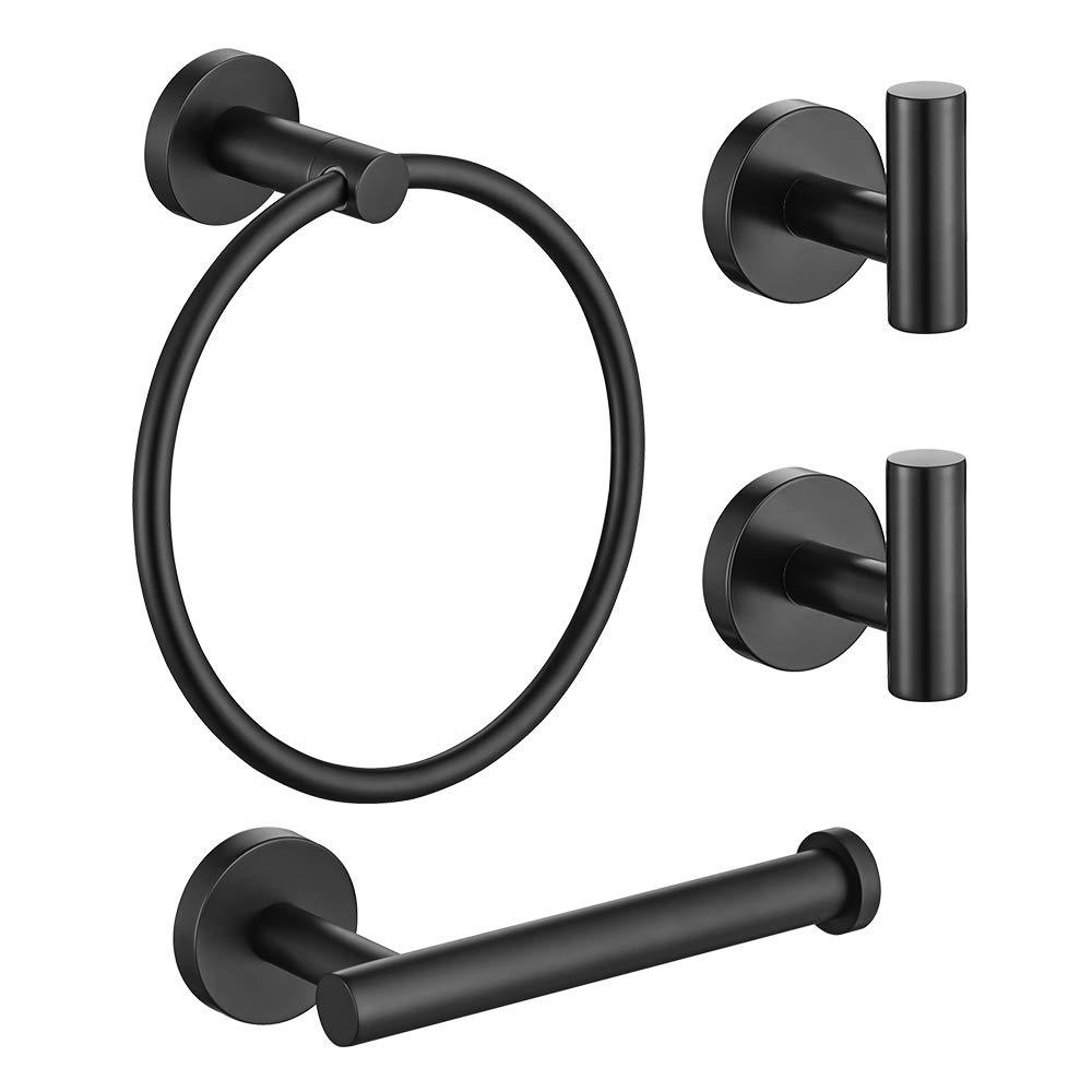 Lairuier Bathroom Hardware Set, Matte Black Stainless Steel 4-Piece Include Hand Towel Ring Toilet Paper Holder and 2 Robe Towel Hooks， Bathroom Wall Mounted Fixtures，Q1M-P4BK - NewNest Australia